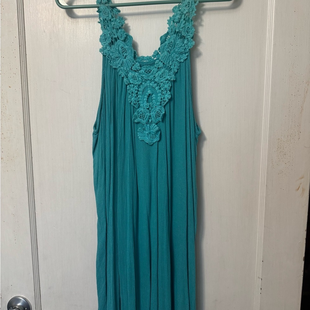 Teal Sleeveless Lace Trim Dress - Picture 3 of 8